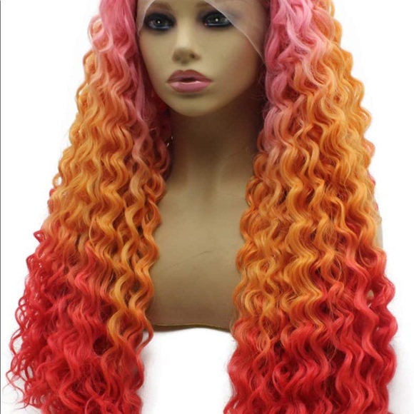💫 24”  PINK RED ORANGE OMBRE KINKY CURLY
 LACE FRONT WIG💫 *NEW*
🆕🆕🆕 - Picture 4 of 8